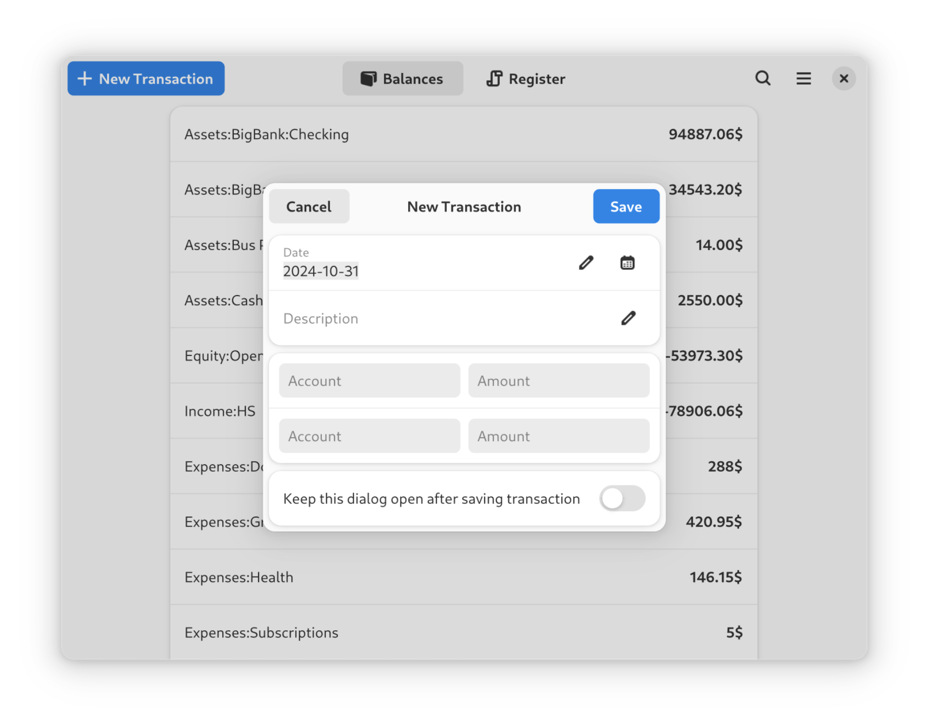 
                Dialog for adding new transactions,
                including an option to 'Keep this dialog open after saving transaction'
            
