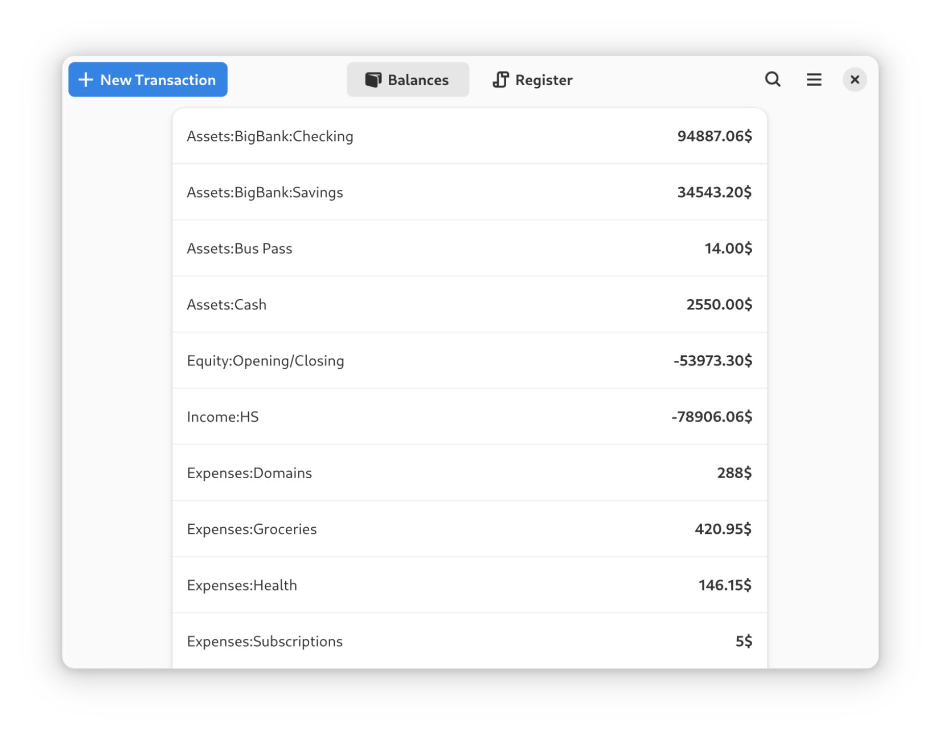 
                Screenshot of Balance page with account balances,
                header bar with Balance and Register tabs and Add Transaction button
            