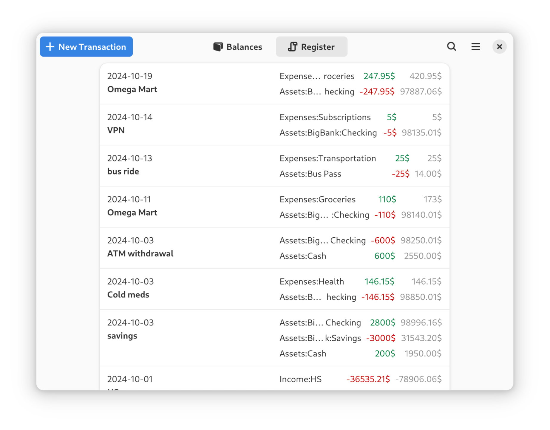 
                Screenshot of Register page listing transactions with same headerbar,
                each transaction has a date, description and postings
            